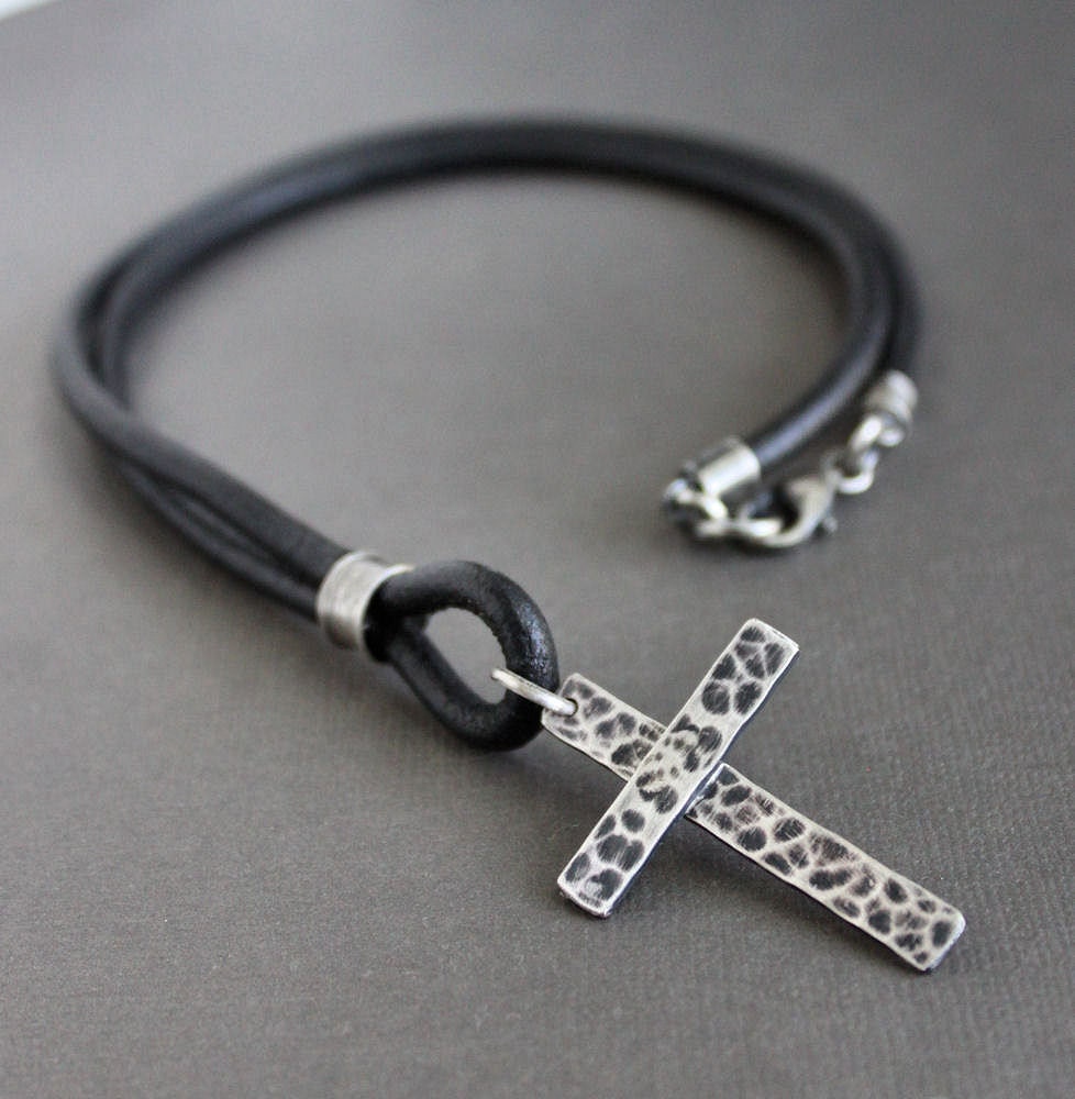 Mens Cross Necklace Black Leather Cord Sterling Silver