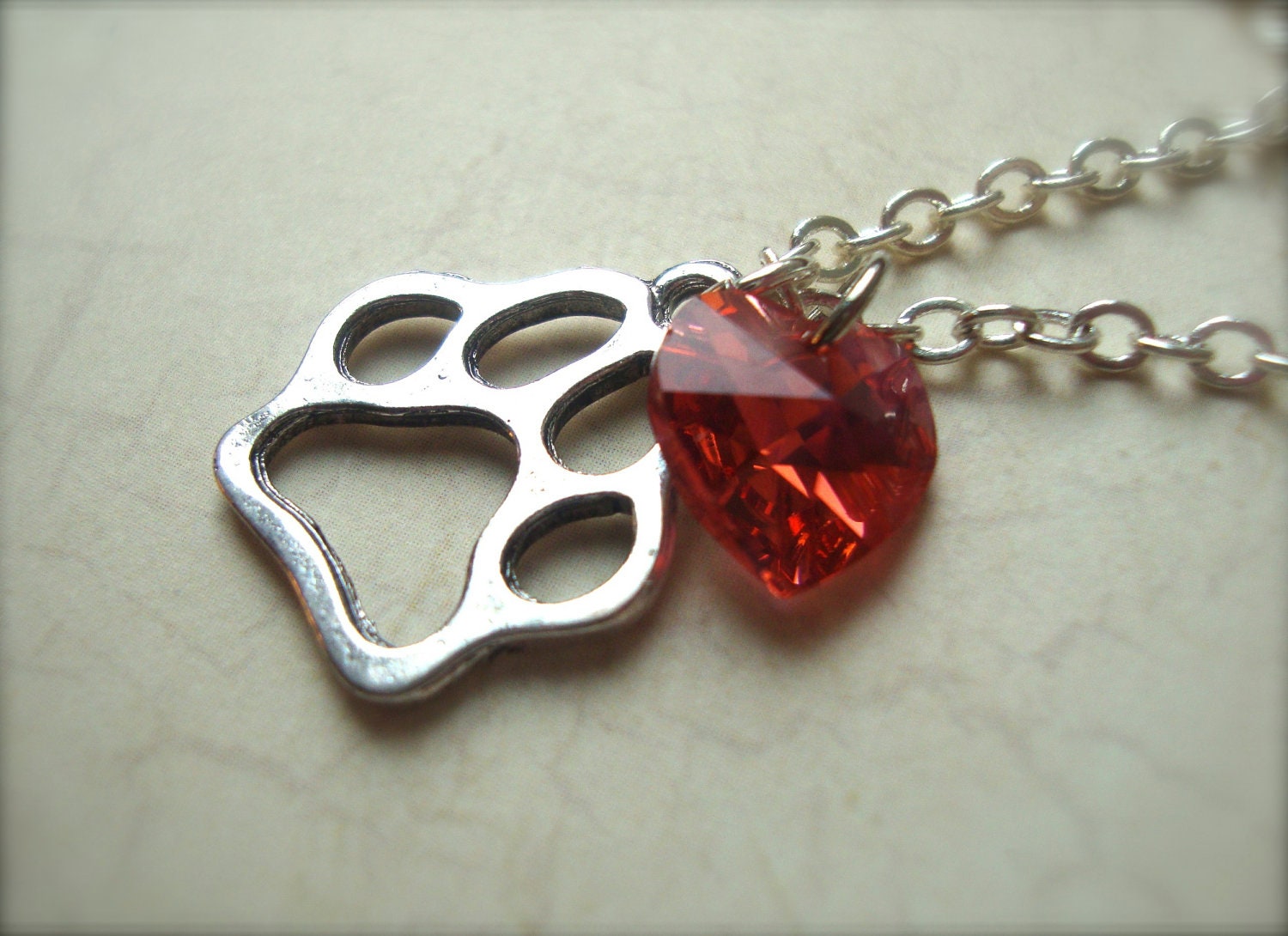 I HEART ED - Ed Sheeran Inspired Paw Print Necklace On 925 Sterling Silver Chain with Orange Swarovski Crystal Heart British Music Guitar