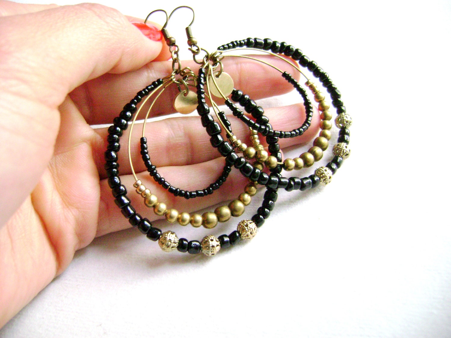Sophistic - intense black and golden antique bronze long big earrings