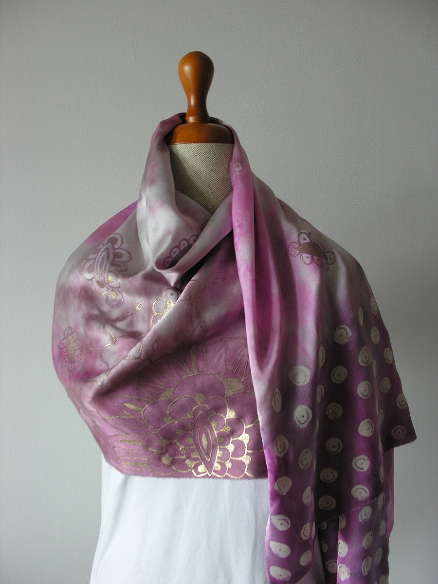 Hand painted- silk scarf- pink purple gold grey- indian style- original- elegant- romantic- how to wear a scarf tutorial. - DiSeta