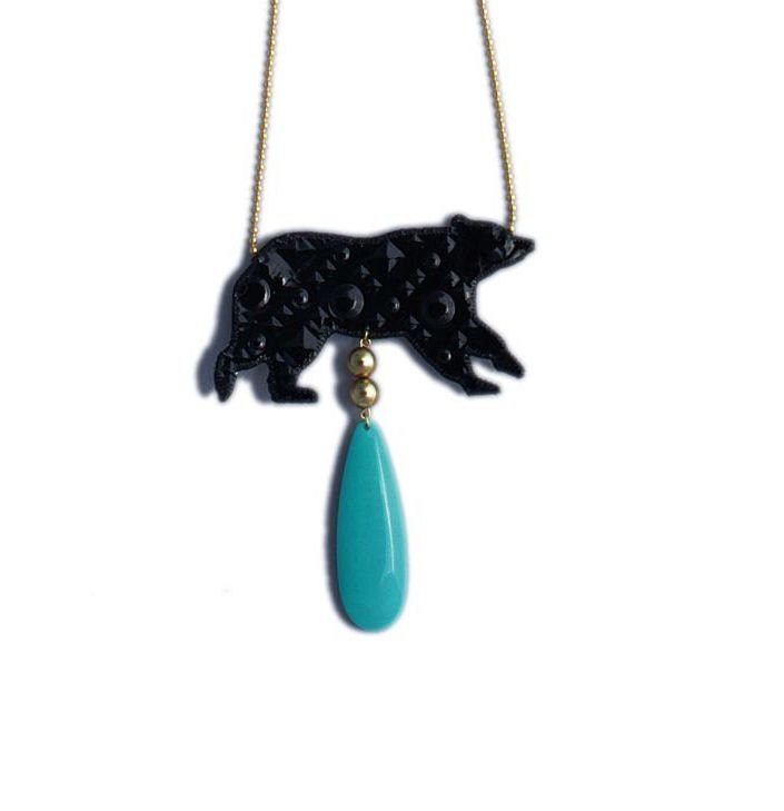 LIMITED EDITION - Vegan Leather Necklace - Black Bear with Aqua Drop and Gold Beads