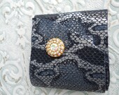 OOAK Blue Python Printed Calfskin leather Cuff Bracelet with Vintage Jeweled Button