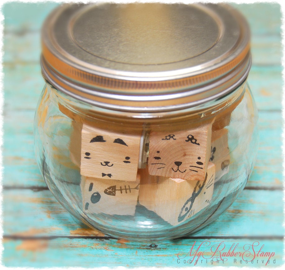 Kitty Cat Stamp COMBO comes with 8 expressions, 1 speech bubble & 1 cat in a glass jar. Unique Birthday Gifts (S2361)