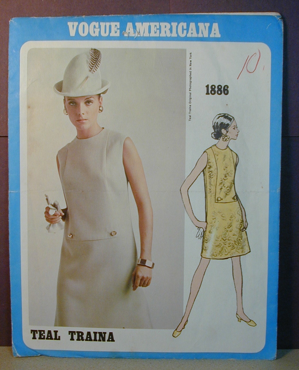 1960's Mod Dress Pattern Vogue Americana Size 10 Teal Traina Pattern Number 1886
