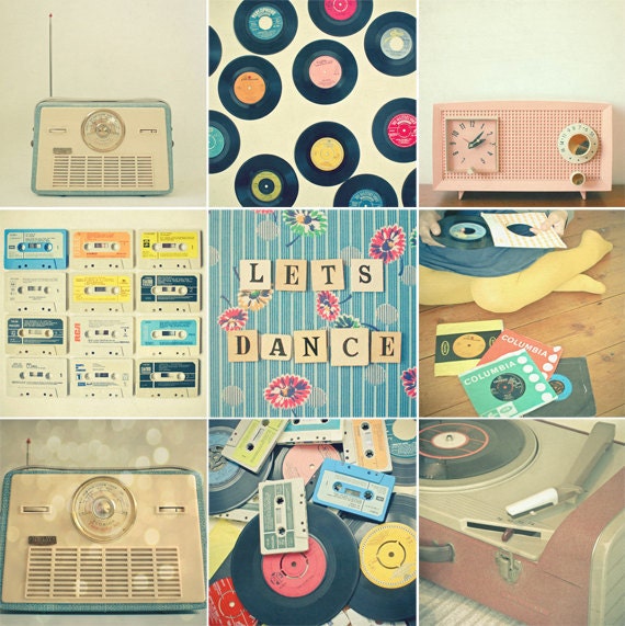 Music photograph set - for him and her, vinyl, cassettes, nostalgic, retro, home decor - Set of Nine 4x4" Mini Prints - Let's Dance