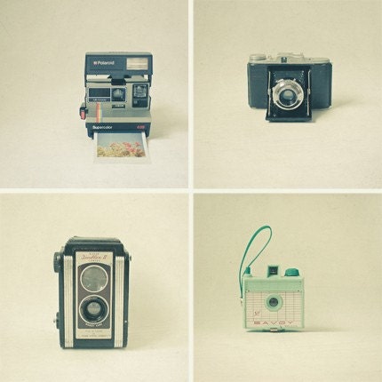 The Camera Collection - Camera photo, photo collection, gift for photographer, mint, black, retro wall art - Set of four 5x5 Prints