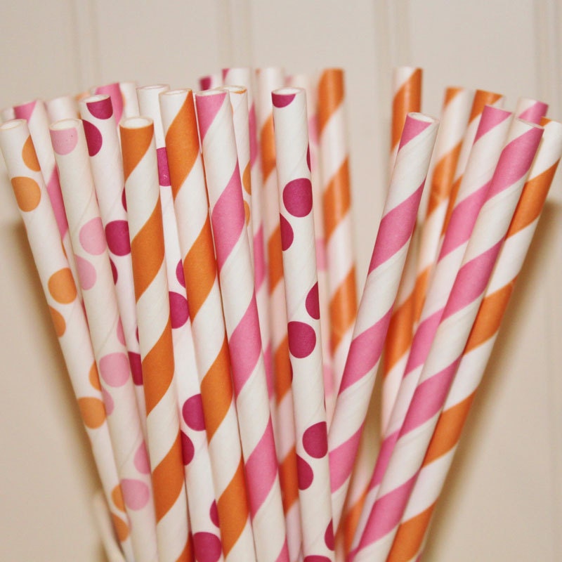 Paper Straws, 30 PINK and ORANGE GIRLY Party Paper Straw Assortment with Diy Straw Flag, Party Supplies,Baby Shower, Princess Parties