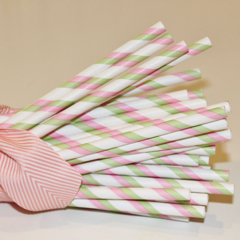 25 Pastel PINK and GREEN Striped Paper Straws with DIY Flags, Princess Parties, Baby Girls Party, Tea Party Straws