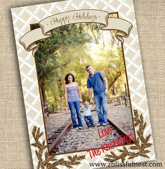 Natural BAMBOO Traditional 5x7 Holiday Christmas Photo Card - PRINTABLE Customized Photo Christmas Card Il_570xn
