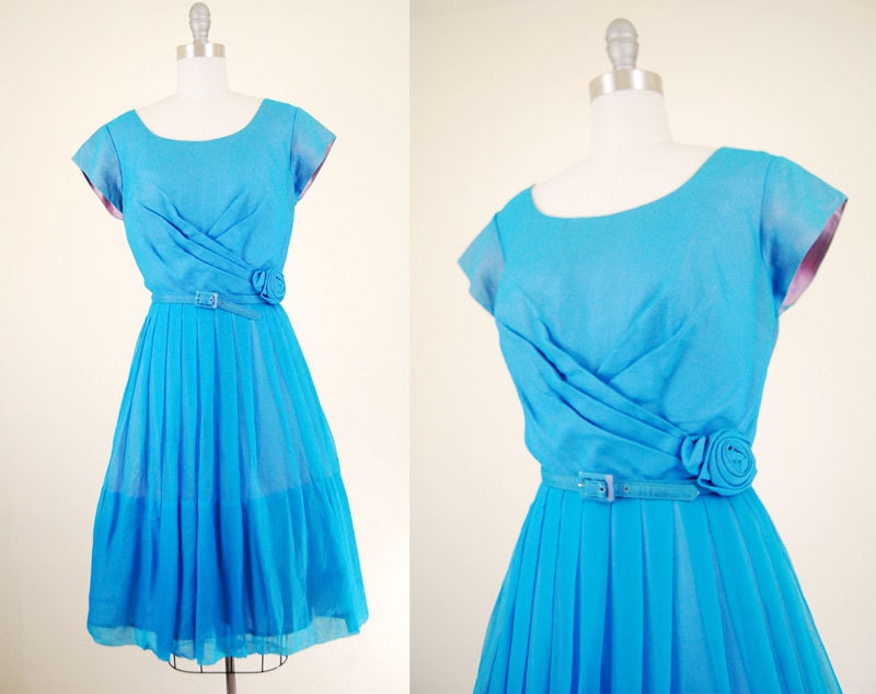 1950s party dress / chiffon dress with rose detail / medium