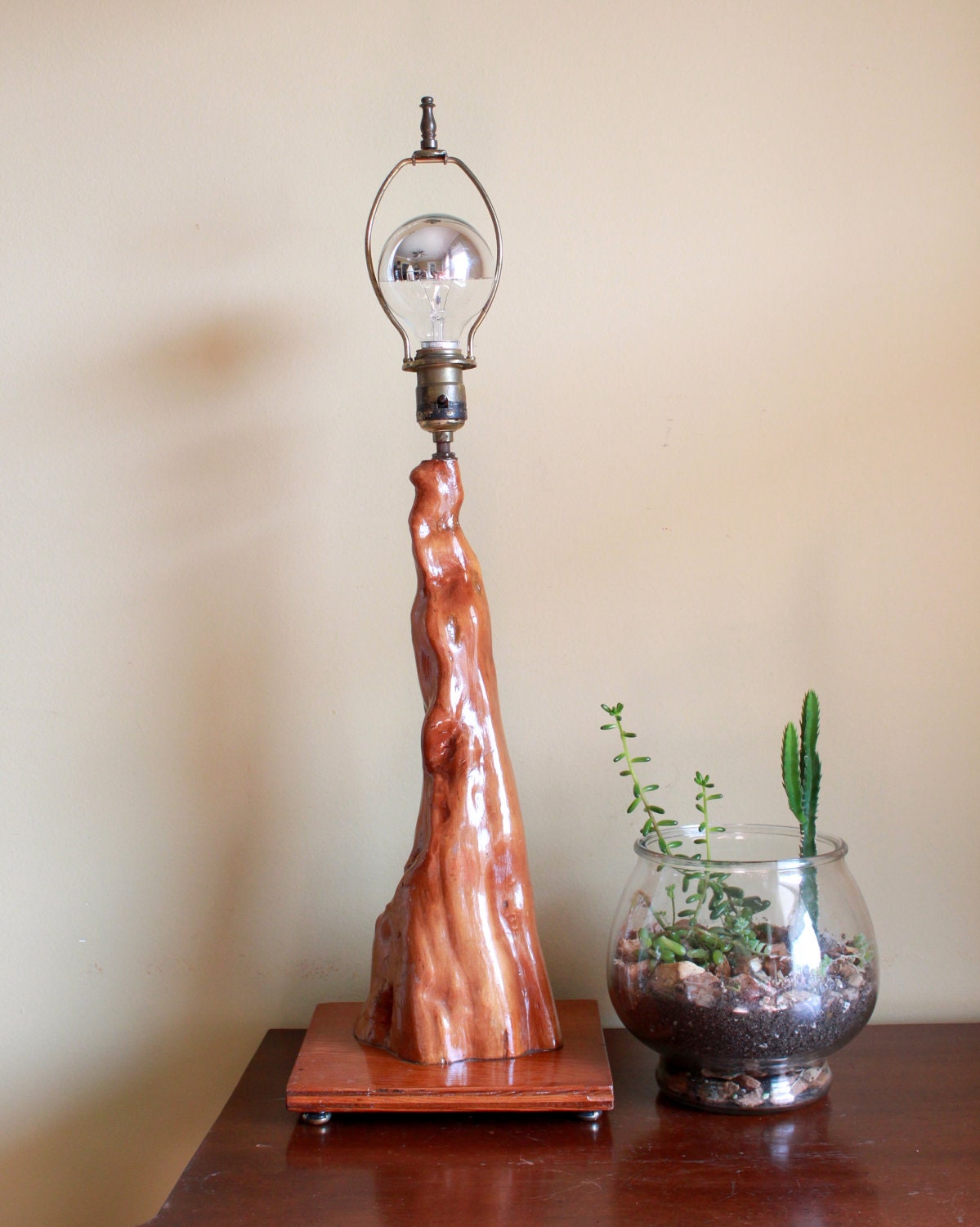 Vintage Burl Wood Table Lamp -  Mid Century Modern Handmade Light