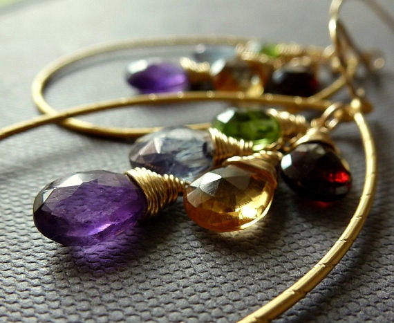 Amethyst, Citrine, Garnet, Peridot, Blue Quartz, Cluster Hoop Gold Earrings