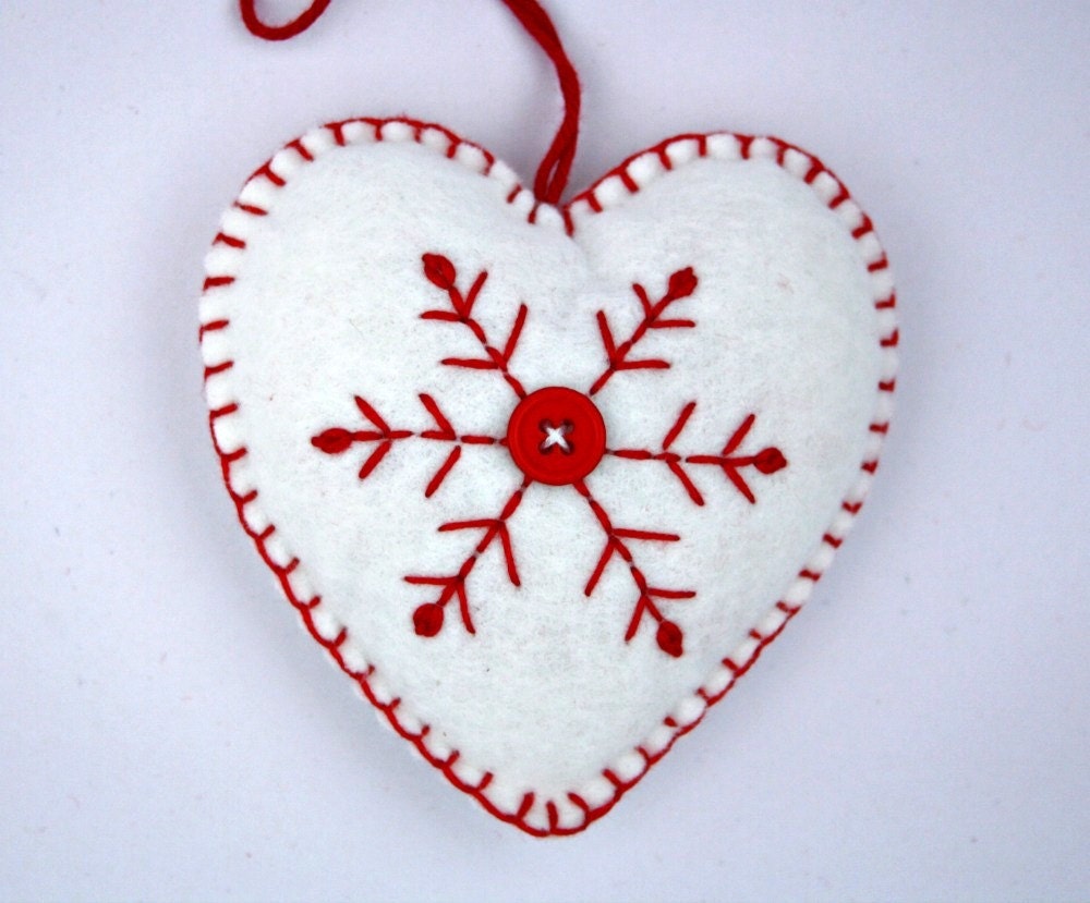 Felt Christmas Ornament, Scandinavian Heart, Embroidered Snowflake.