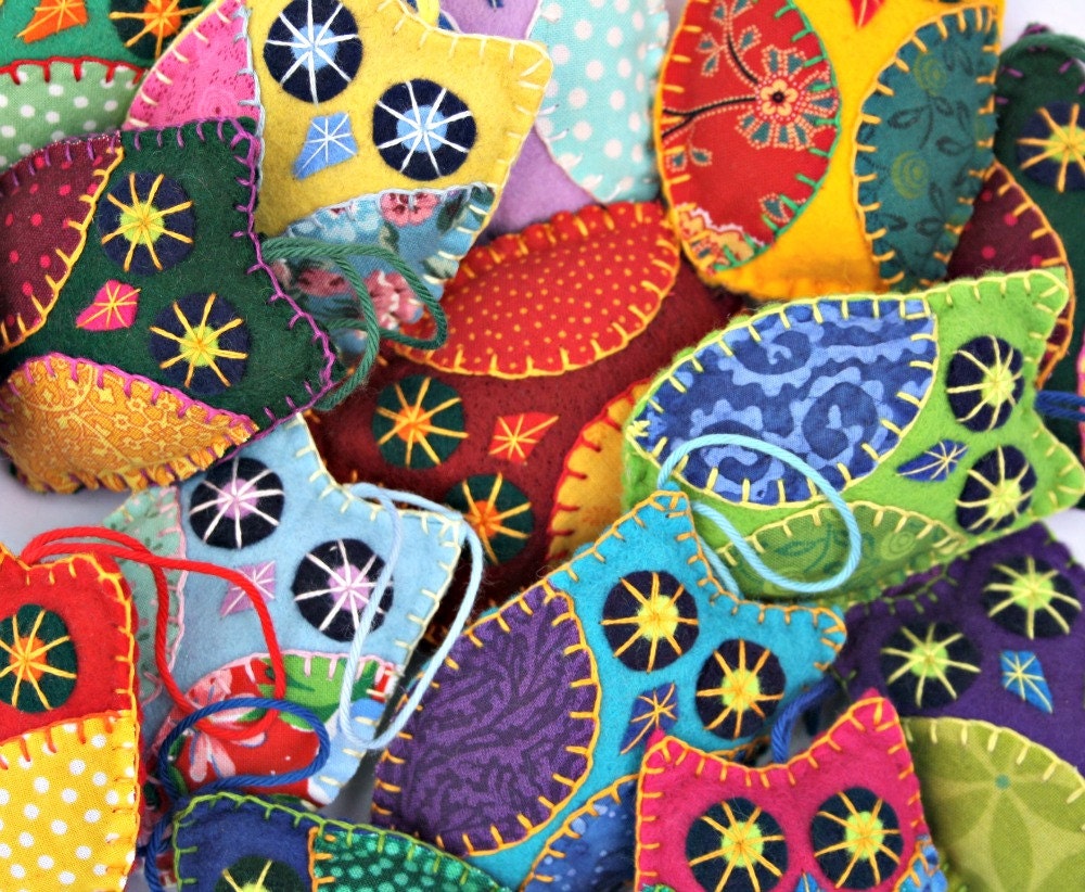 Colourful owl ornaments. 3 patchwork felt owls