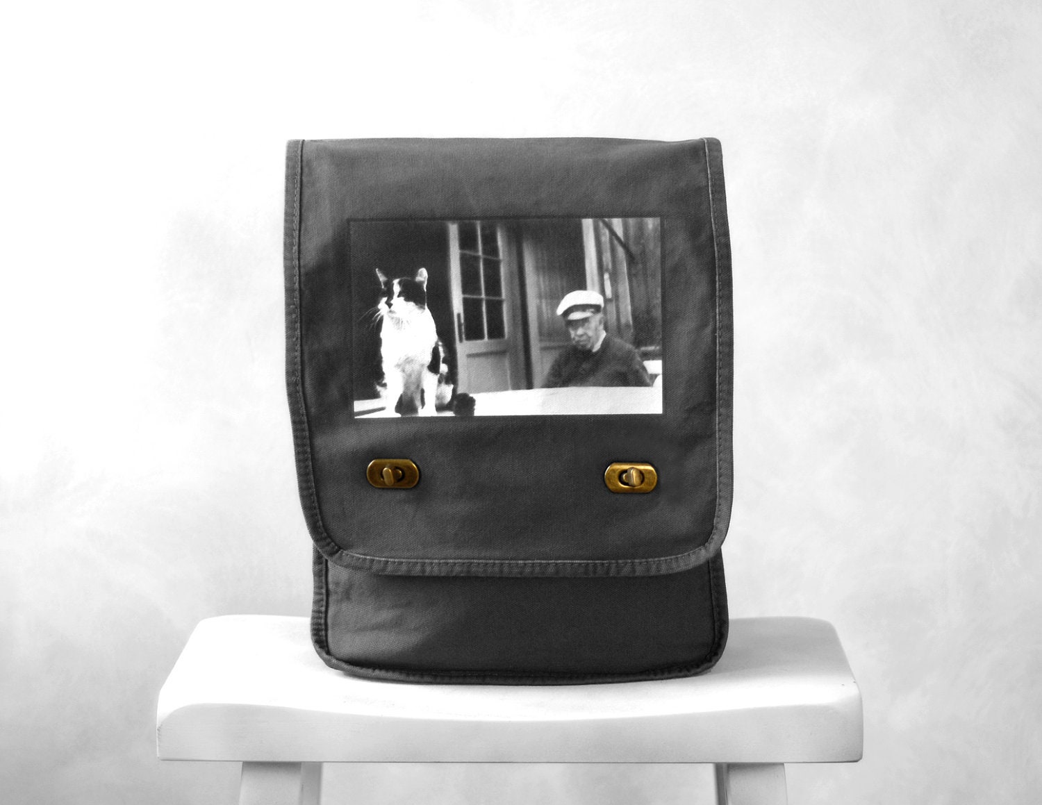 Messenger Bag - The Old Man and the Sea Cat - Vintage Photo - Field Bag - Gray