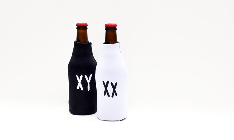 Chromosome Beer Bottle Cozy Set- neoprene black and white- 2 piece set-XX and XY