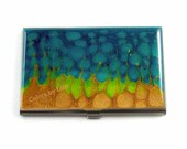 Business Card Case Hand Painted Metal Id Wallet Turquoise Lime Green and Gold Metal Card Case with a Glossy Enamel Finish