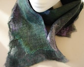 Nuno felt silk and wool handmade wet felted greens, fuscias and peacock blue and purple womens scarf - FeltTheFluff
