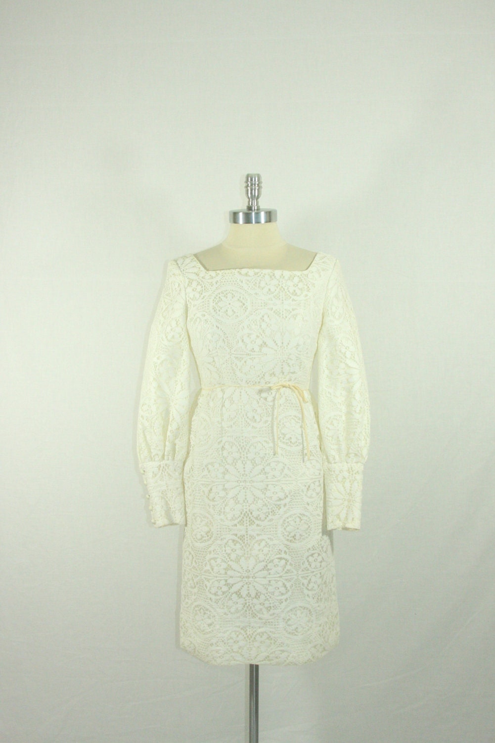 1960's Short Wedding Dress - Designer S. Howard Hirsh California White Lace Long Sleeves Short Reception Frock