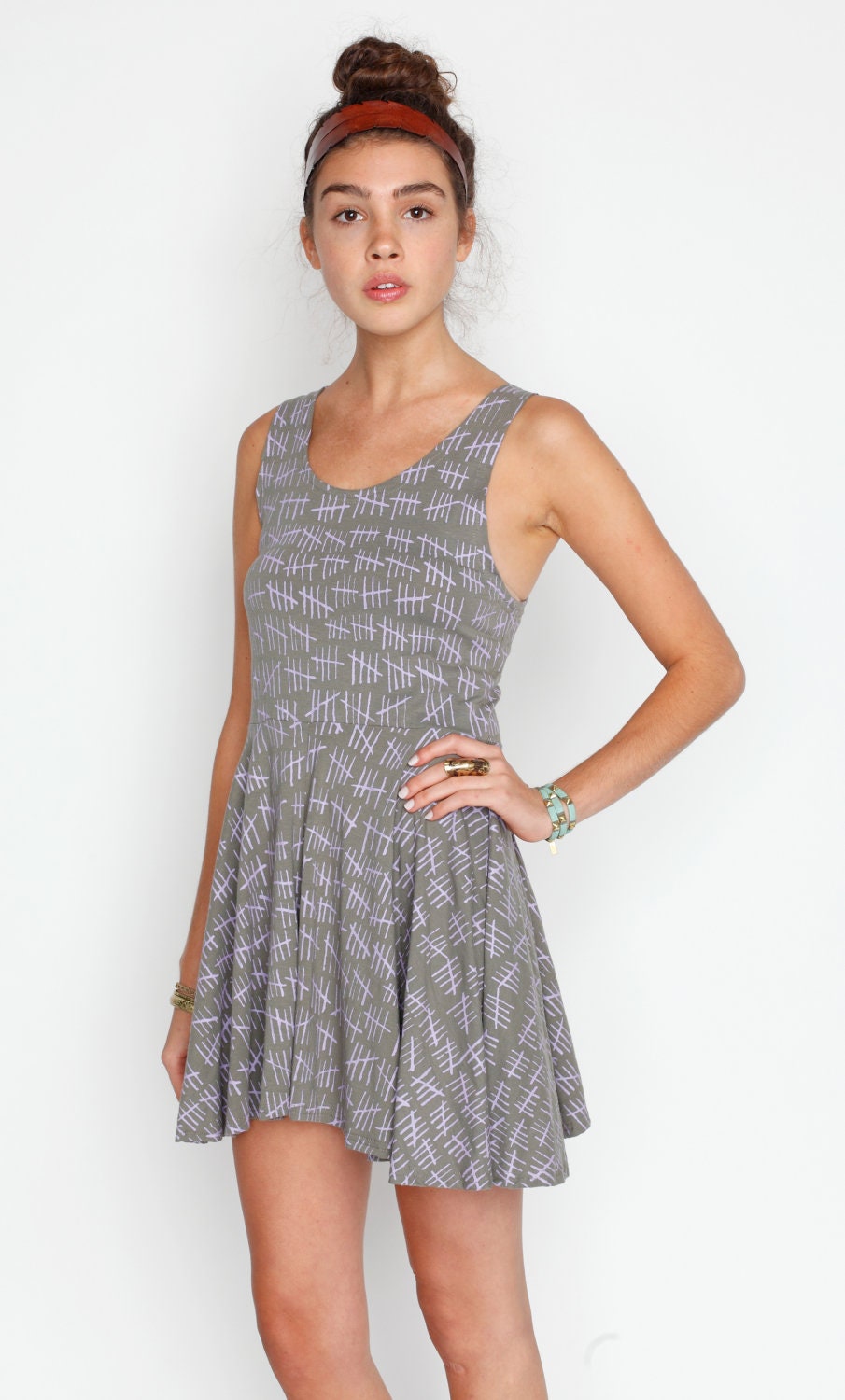 Hand Printed 'Hash Marks' Twirling Dress in Lavender on Fern