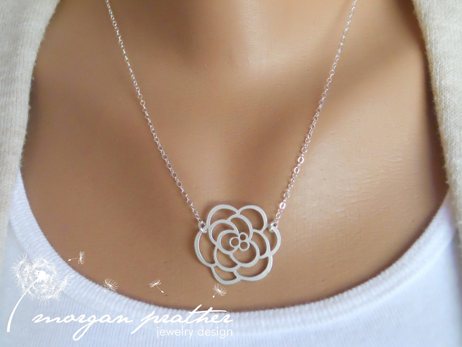 Rose Necklace - silver dainty rose pendant suspended - sterling silver chain - morganprather