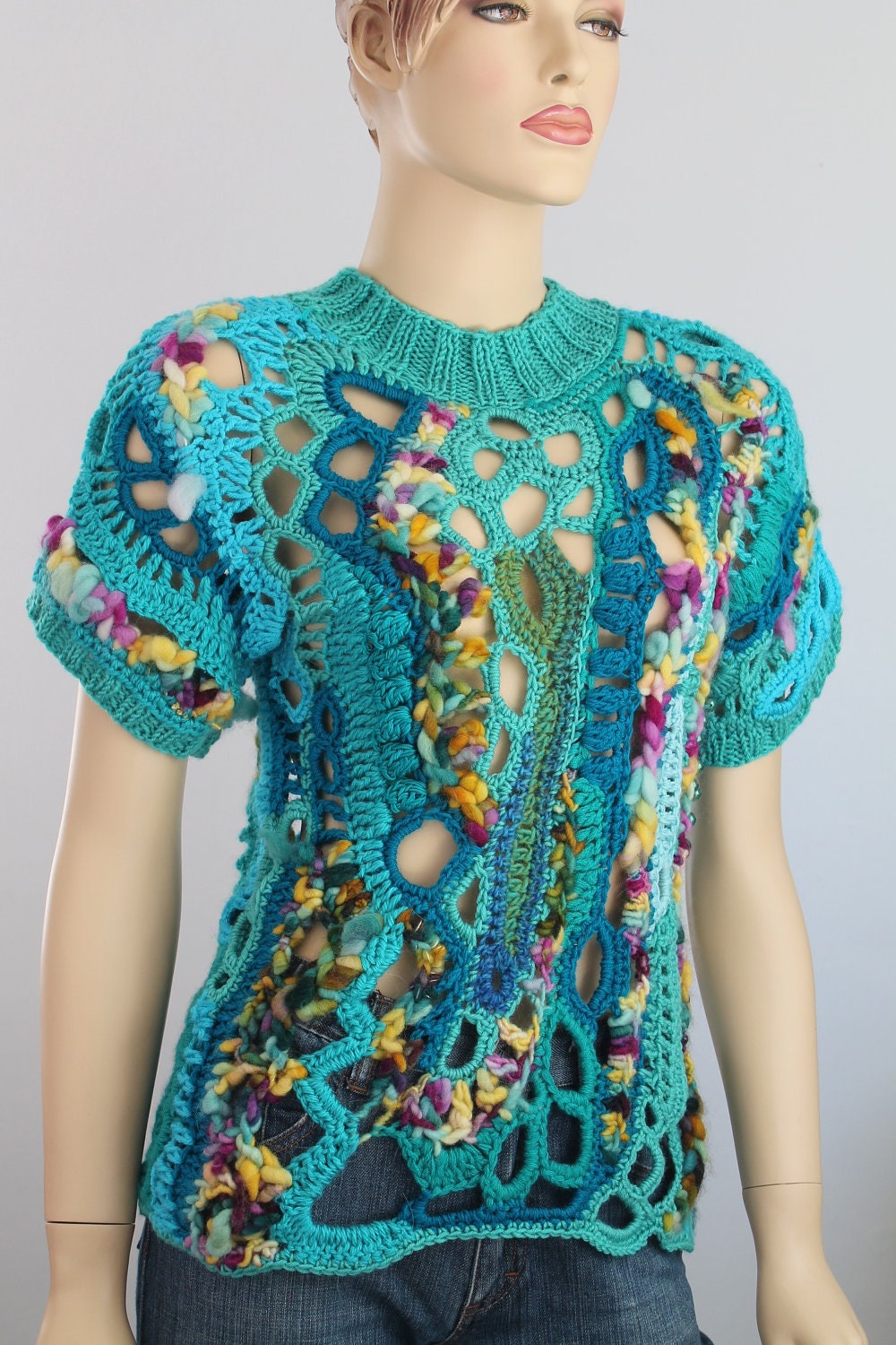 Rainbow Thick Freeform Crochet Sweater  - Tunic -Wearable Art - OOAK