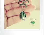Green Tear Drop Glass Bead and Antique Bronze Bow Earrings