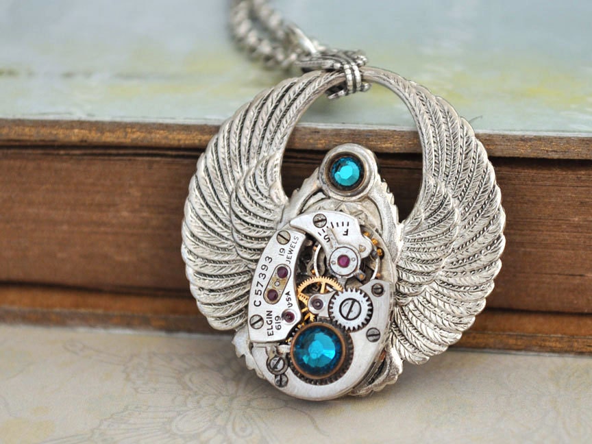 TIME FILES  winged steampunk vintage 19 jeweled Elgin watch movement necklace in silver