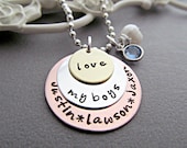 My Boys Hand Stamped Necklace, Personalized with Kids Names, Aqua Blue Gemstone, White Pearl Charm