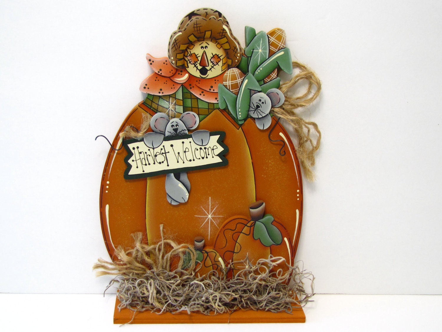 Fall Harvest Welcome, Scarecrow and Pumpkins, Handpainted Home Decor, Shelf Sitter