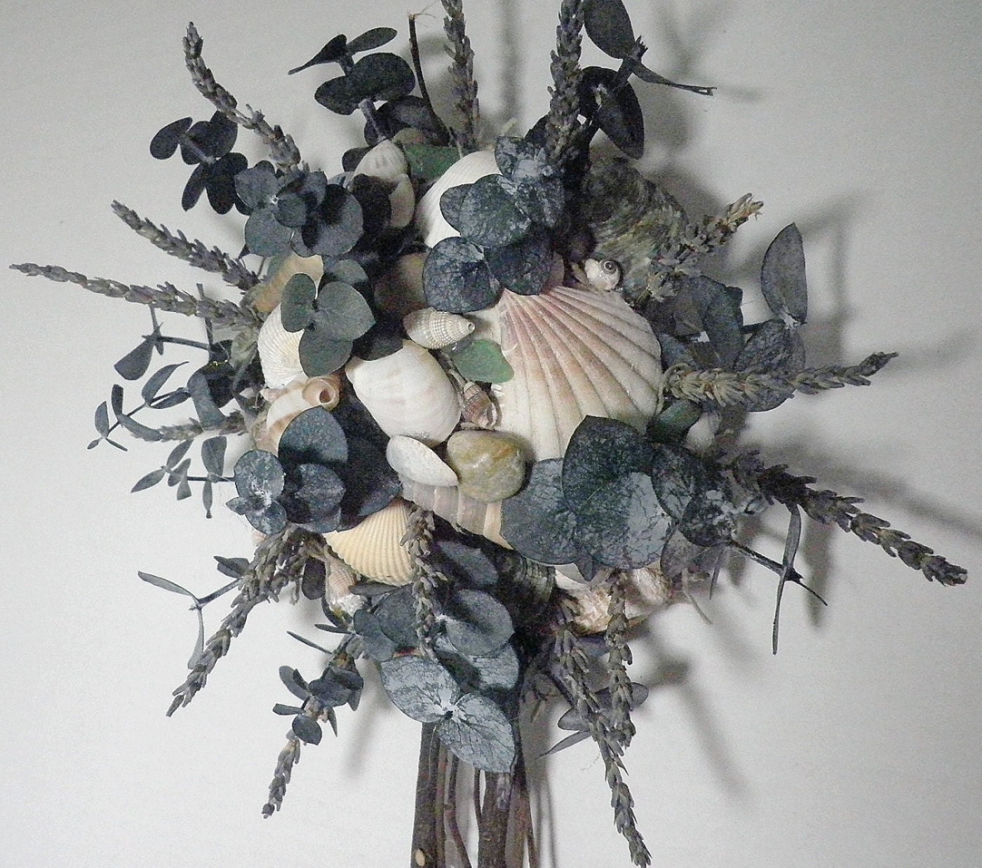 Wall Hanging Topiary With Seashells, Eucalyptus, Lavender, And Sea Glass