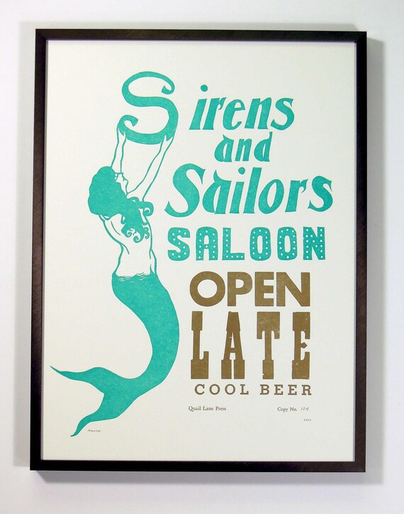 Sirens and Sailors, Linocut Letterpress Poster