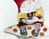 Tea Troller, Gnome on mushroom drinking tea original watercolor, garden, reds, beard, bird, dining room art