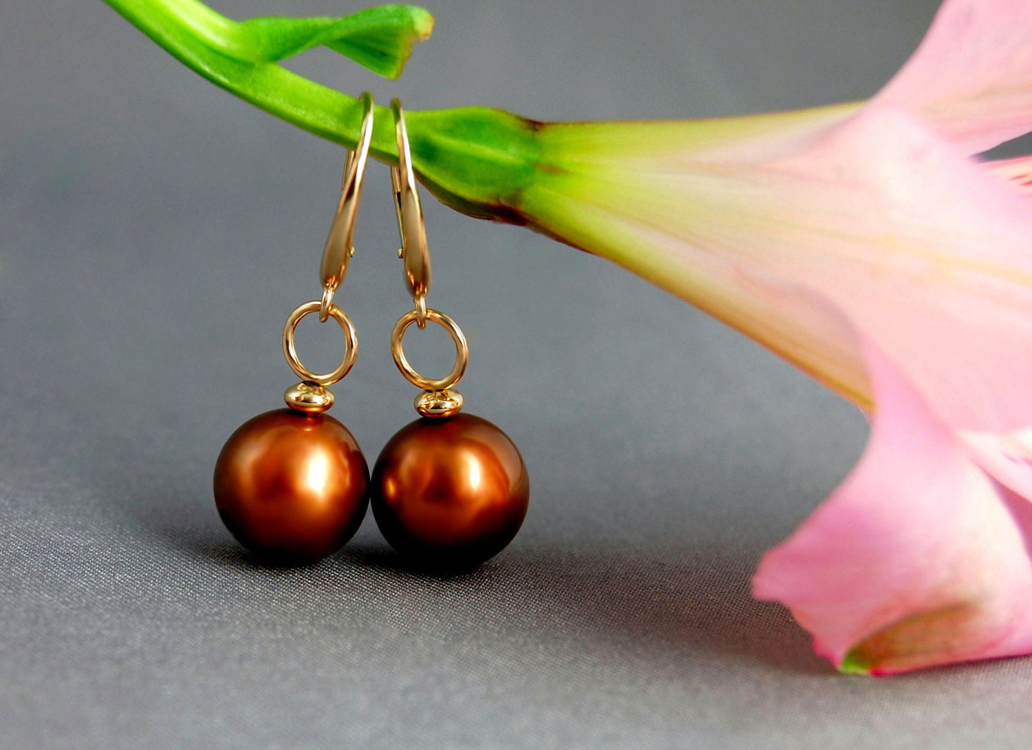 Yoko - pearl earrings, large pearls, hot chocolate,  freshwater pearls, leverback earrings, gold, woman, anniversary, pearl jewelry