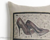 Beige Pillow Cover High Heel Shoes Motif Hand Painted 16 inch
