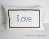 Love Cushion Cover Hand Painted White Blue Brown Lumbar 12 X 18 inch