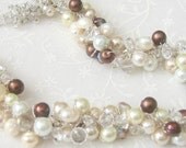 Freshwater CHOCOLATE PEARL SWIRL, Ivory, Cream, Crystal Bridal Wedding Necklace, Fiber Hand Knit, - Original Sereba Designs on Etsy