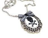Black Skull Medium Pendant 25x18mm with Plaid Bow