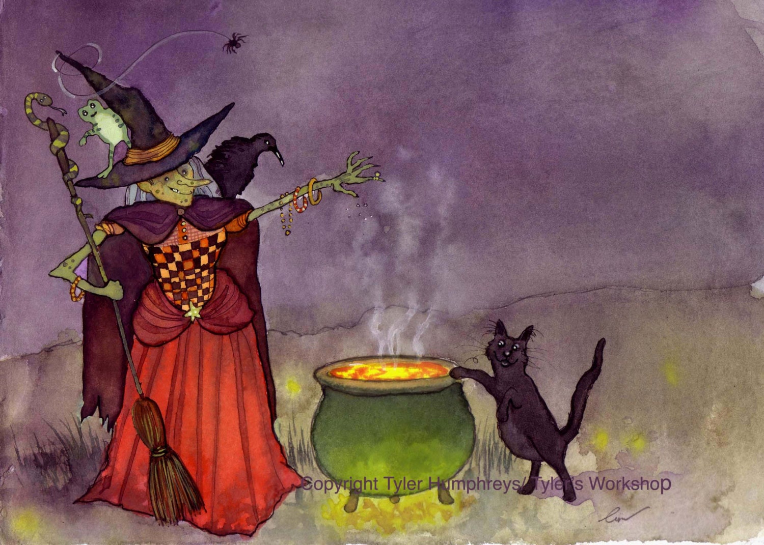 Halloween Greeting Card - Funny Witch & Black Cat Halloween Card Illustration Print - 'Bubble Bubble Toil And Trouble'