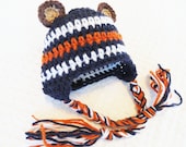 Beary Cute Hat Hand-crocheted Chicago Bears Inspired Baby Beanie Photo Prop with Ear Flap Tassels  By Distinctly Daisy