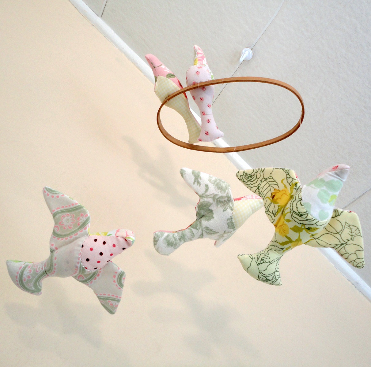 fabric bird mobile - pink vintage fabrics