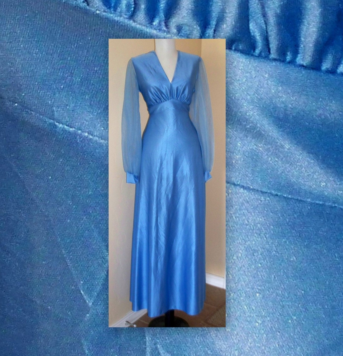 Disco Dancing Queen - blue satiny - sheer chiffon sleeves - gown