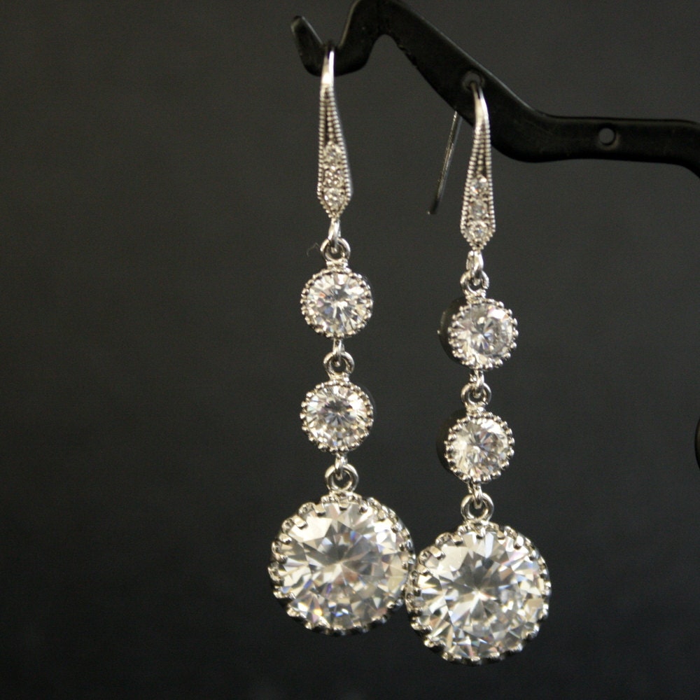Wedding Earrings Bridal Earrings Round Cubic Zirconia Clear Silver Drops Wedding Jewelry