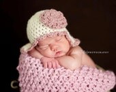 Baby Hat, Newborn Hat, Newborn Baby Scallop Edged Earflap Hat, Photography Prop,Ecru and Rose or Choose your own colors