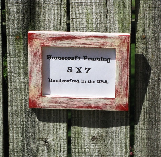 5X7 Picture Frame Distressed White Red Frame Country Primitive Wooden