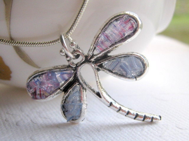 Stained Glass Purple Dragonfly Necklace