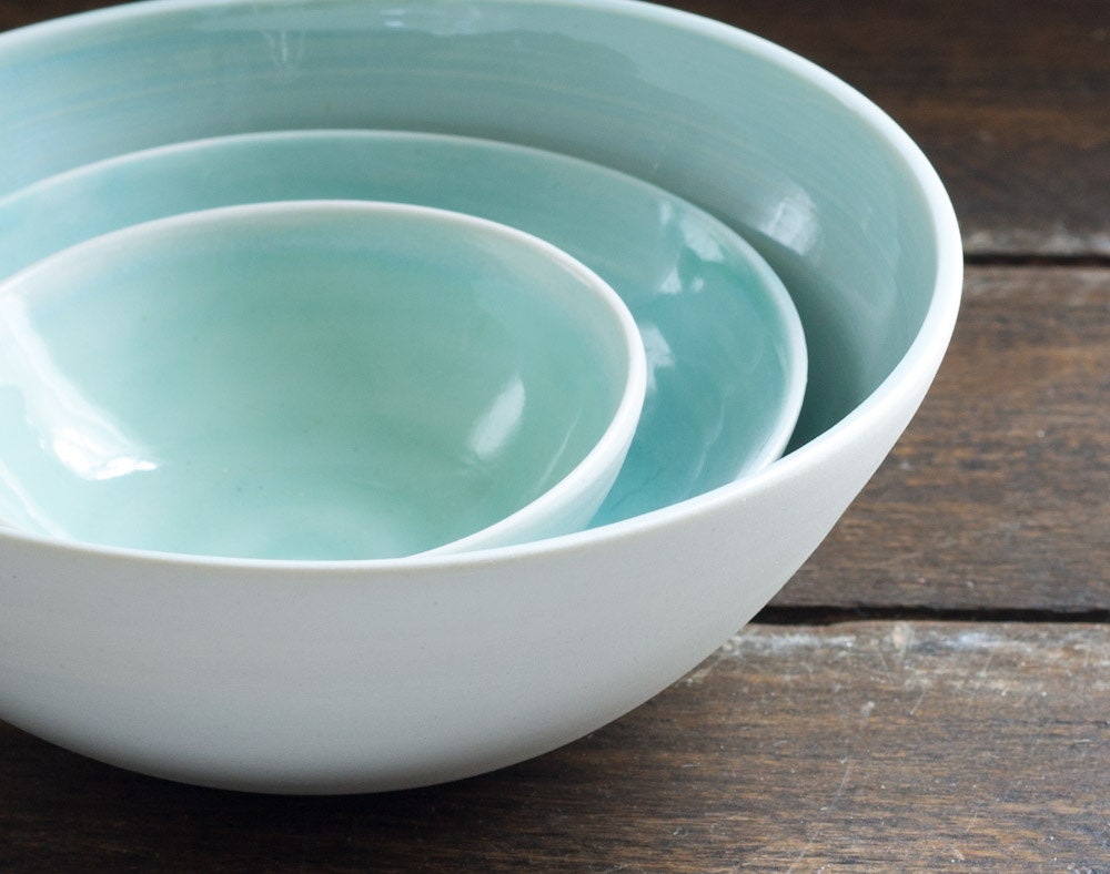 Serving Bowls Kitchen Food Prep Porcelain Bowls Aqua and White Pottery