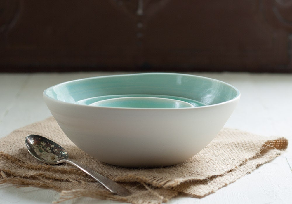 Serving Bowls Kitchen Food Prep Porcelain Bowls Aqua and White Pottery