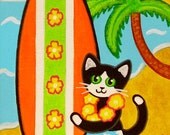 Tropical Tuxedo CAT with SURFBOARD on the Beach Art PRINT from Original Painting by Jill