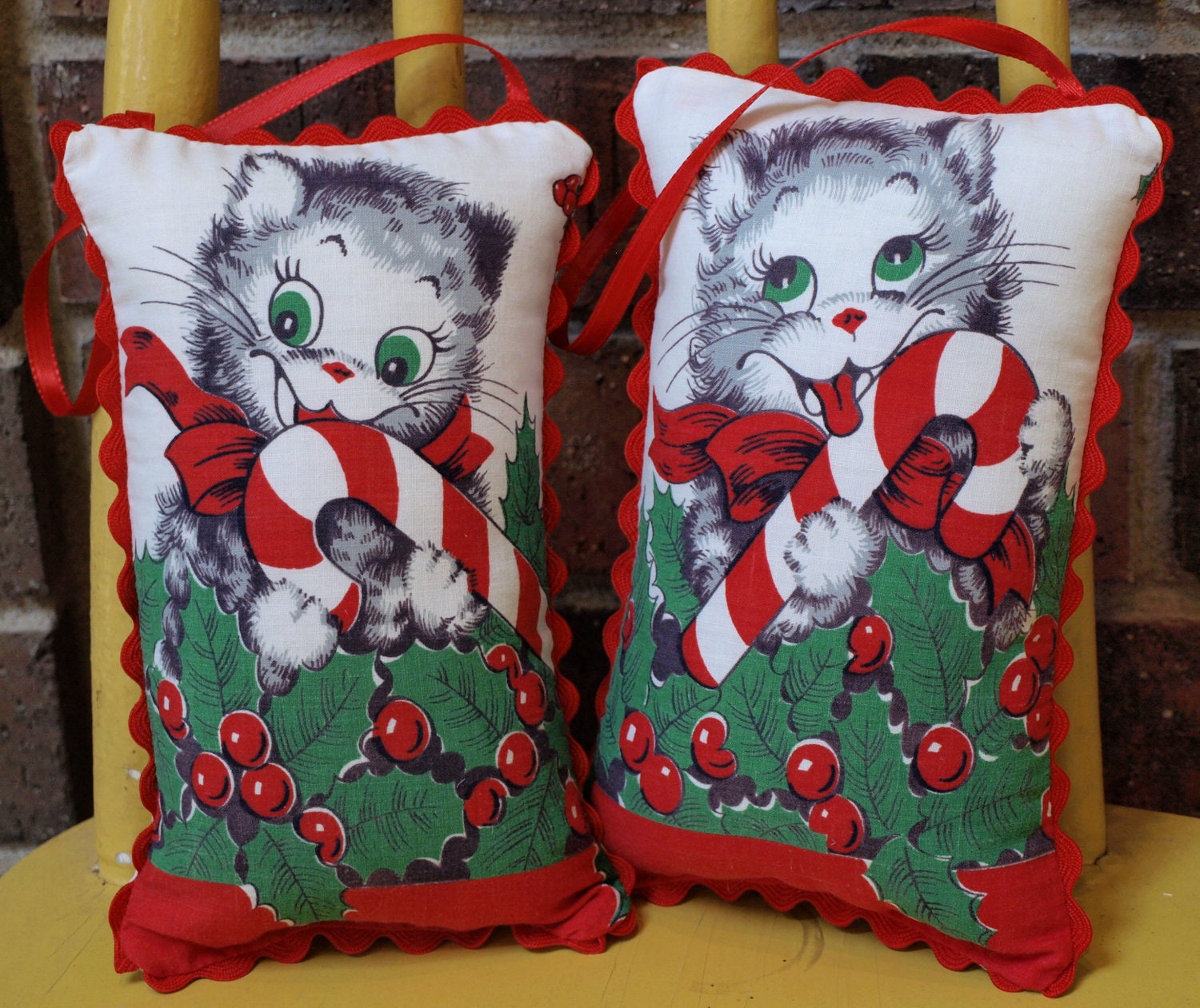 VINTAGE Fabric Christmas CATS Stuffed PILLOW Ornaments - Door Hangers - Set of 2